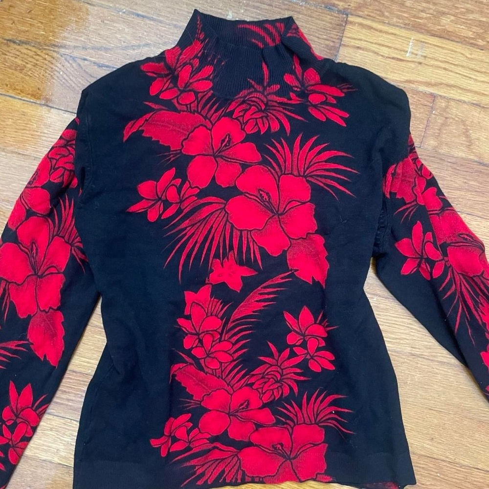Black Cache Turtleneck Sweater with Red Floral Print